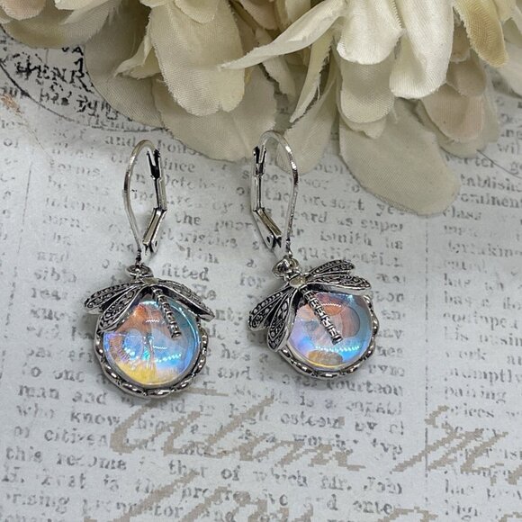 Silver plate Iridescent Dragonfly Wire Opal Earrings Fall Gift Mom Birthday Wife - Picture 2 of 16